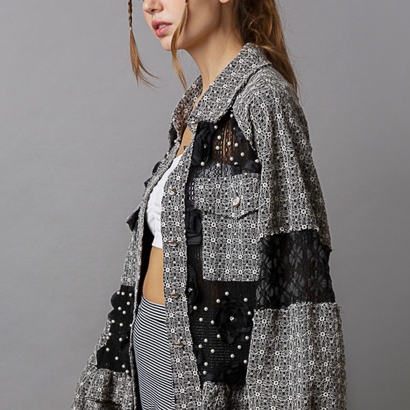 80. POL Shacket Jacket Top Women's Gray Lace Woven Balloon Sleeve Front Pockets - Picture 5 of 5